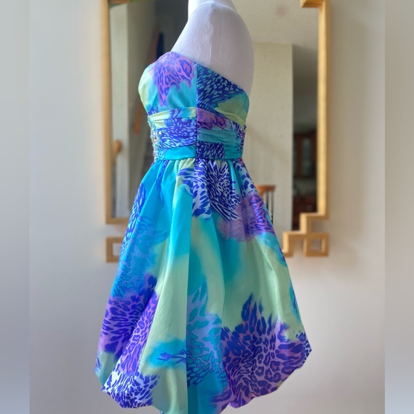 Mori Lee Sticks & Stones Teal/Purple Leopard Bubble Hem Mini Dress, size 3/4 - Picture 2 of 16